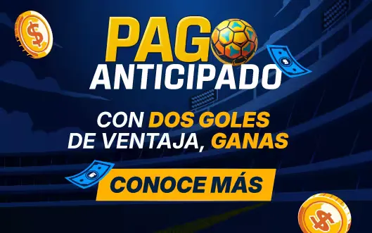 Banner deportivo de rushbet.co que anuncia pago anticipado con dos goles de ventaja.