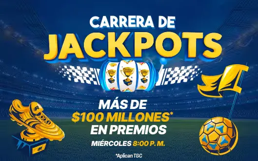 Banner de la carrera de jackpots con premios semanales anunciados por rushbet.co.