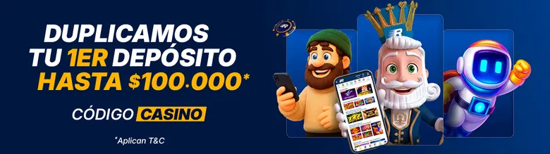 Banner del operador que ofrece duplicar el primer depósito de casino con un código.