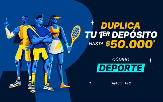 Banner del operador que ofrece duplicar el primer depósito con un código para deporte.
