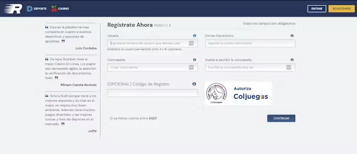 Formulario de alta con casillas de aceptación y un campo rotulado como código de registro.